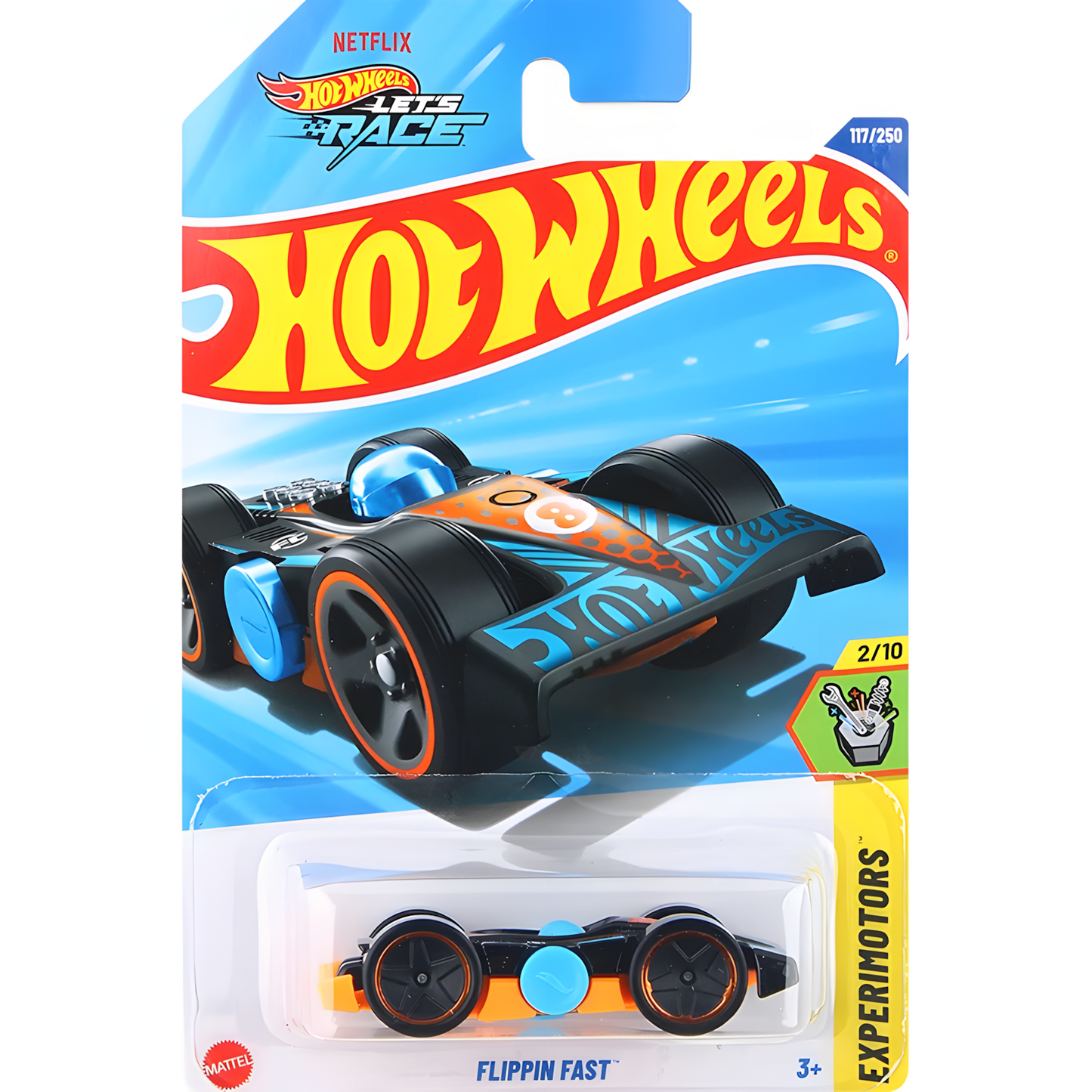 Hot Wheels Flippin Fast die-cast car in packaging. Black, orange, and blue race car toy.