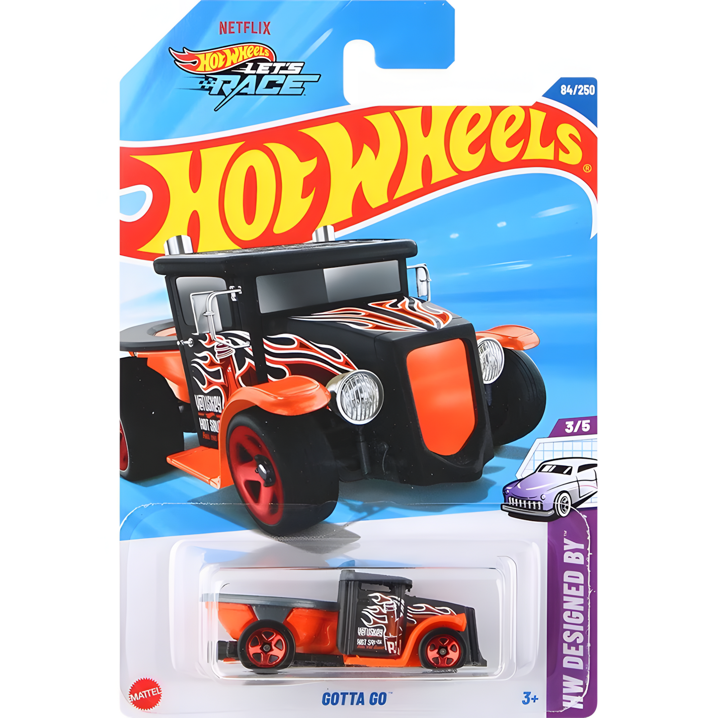 Hot Wheels Gotta Go die-cast car, black and orange with flame details, in packaging.
