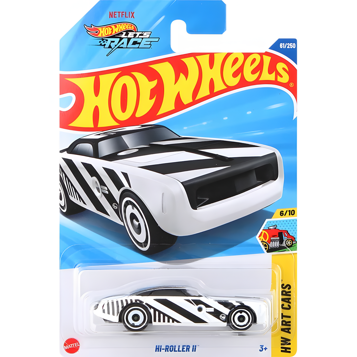 Hot Wheels Hi-Roller II die-cast car in package. White car with black stripes, part of the HW Art Cars series.