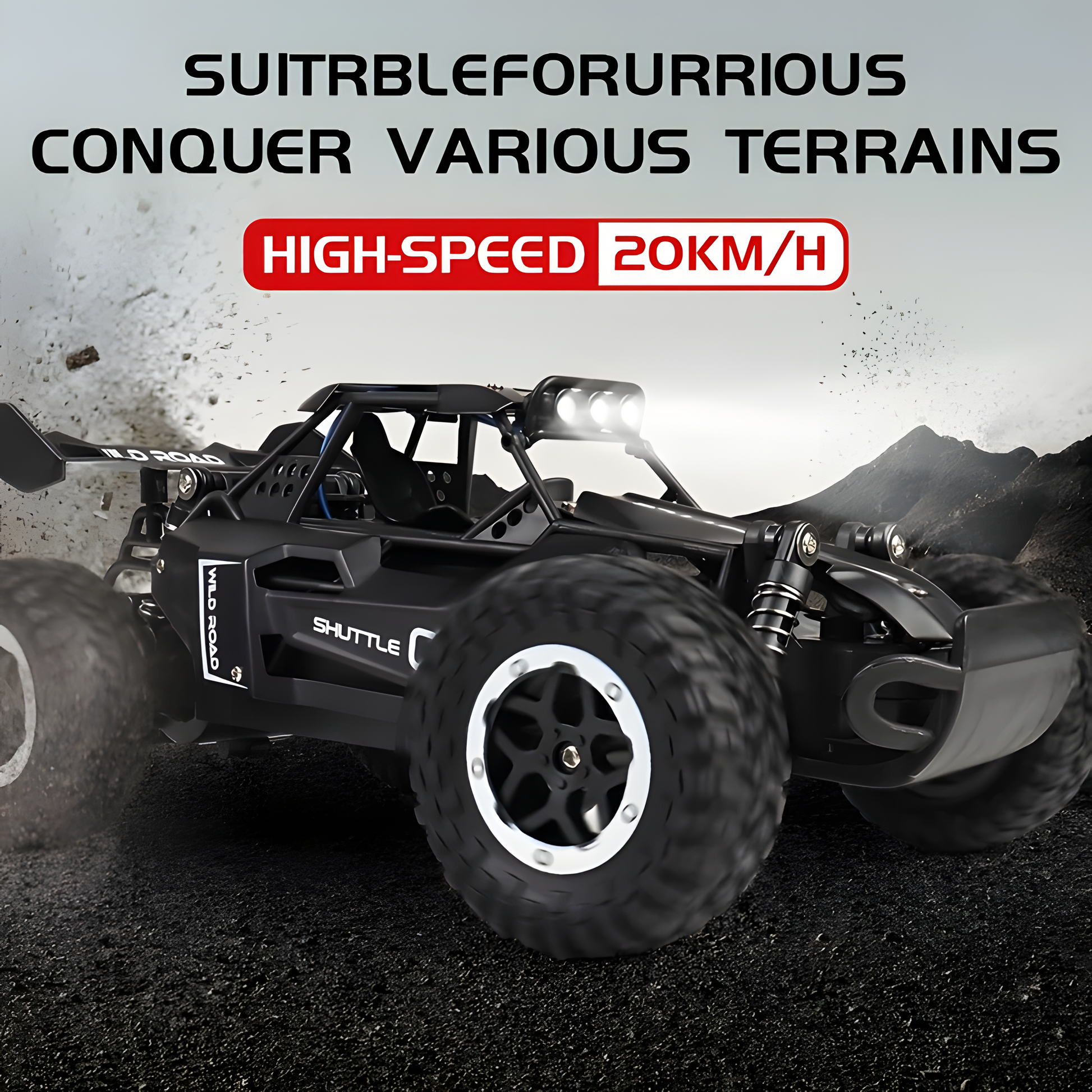 Black off-road RC car with lights and all-terrain tires.