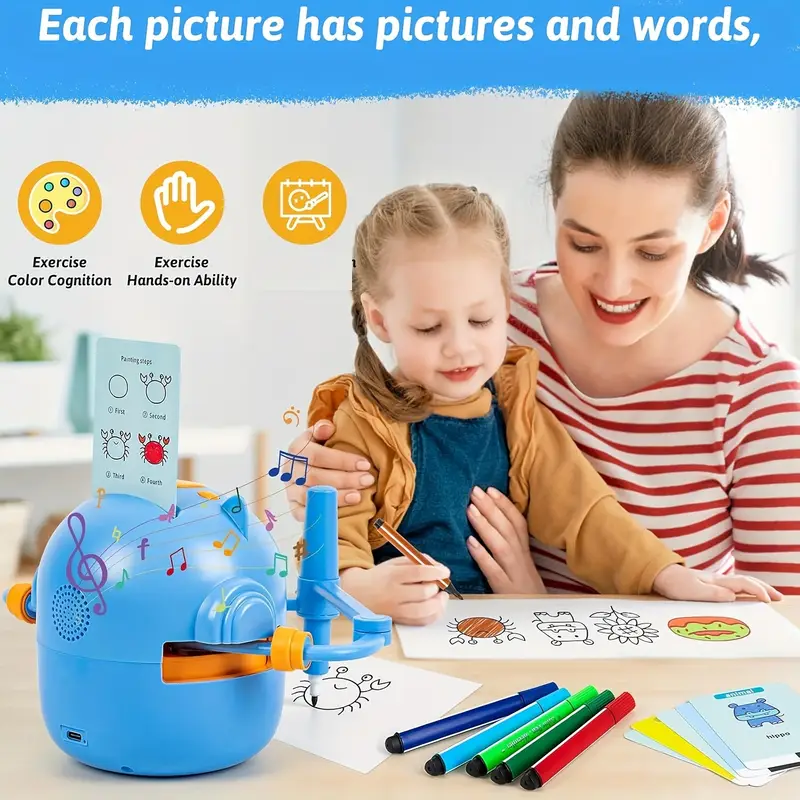 Child uses blue art projector with mom. Drawing toy with color markers, cards, and music notes shown.