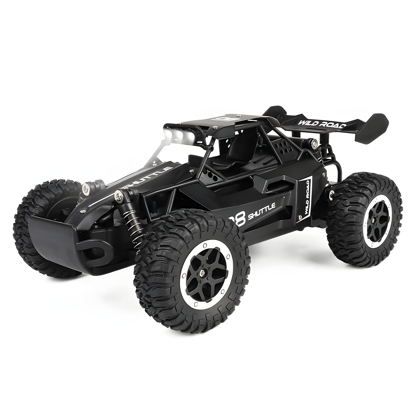 Black 'Wild Road' RC car with oversized tires and rear spoiler.