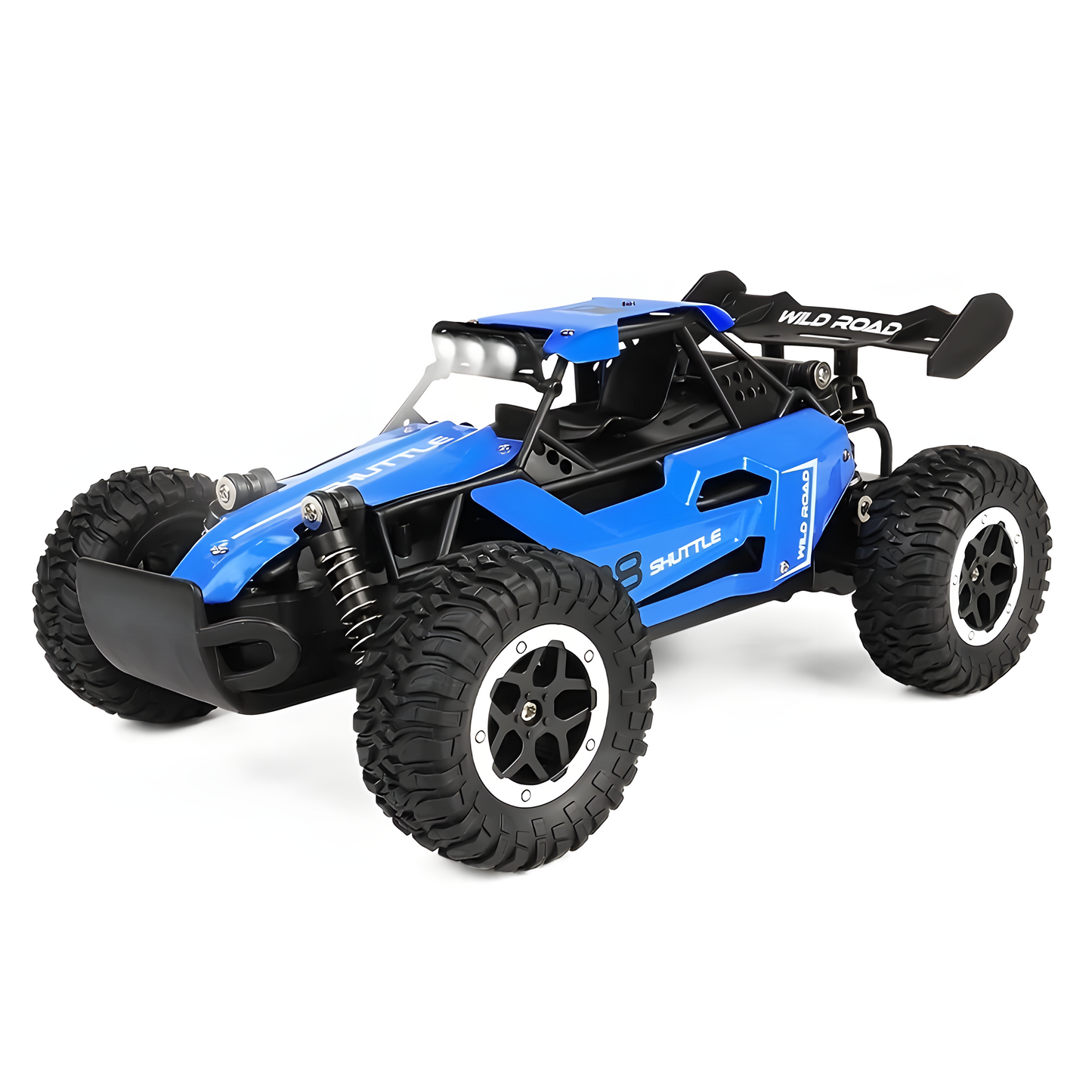 Blue 'Wild Road' remote control car with oversized tires.