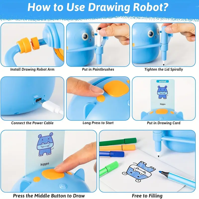 Instructional images for the blue drawing robot showing arm installation, card and pen insertion, and drawing process.