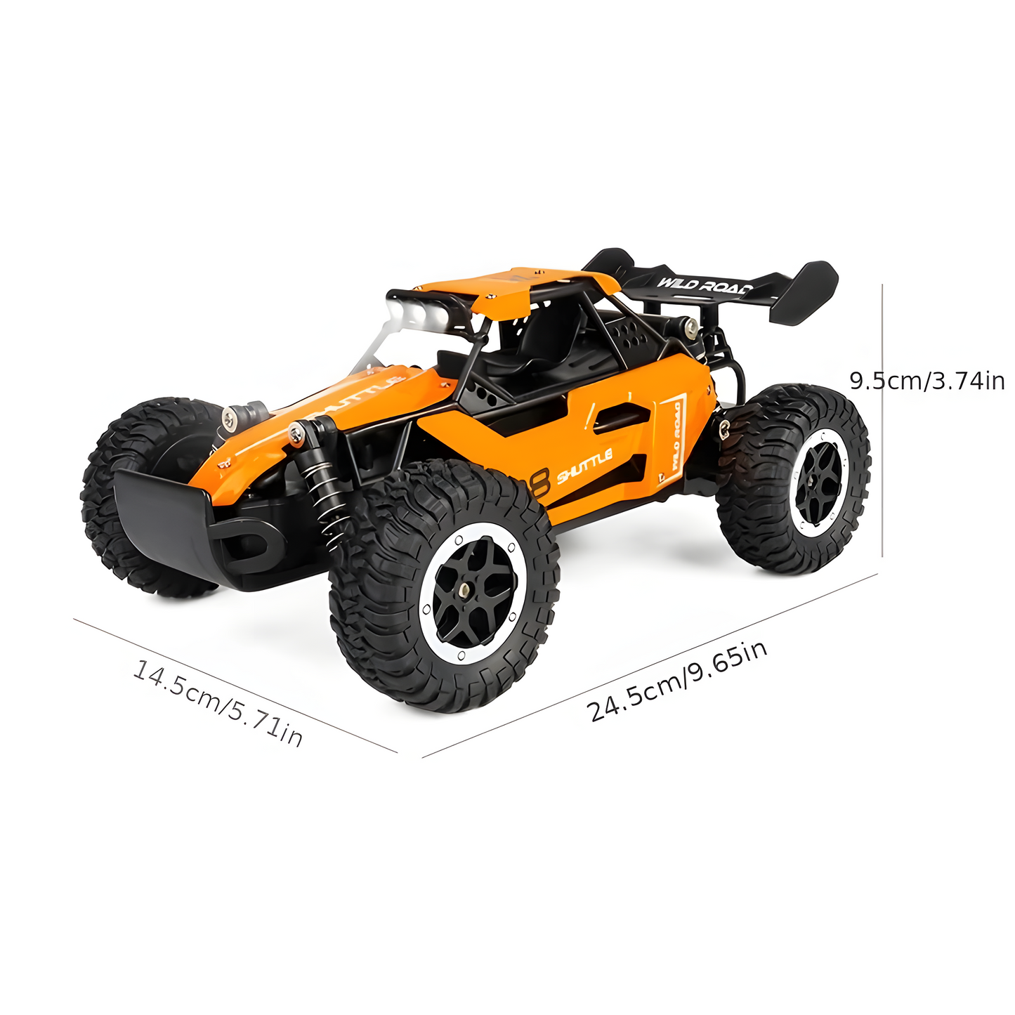 Orange 'Wild Road' remote control car with dimensions displayed. Toy car features rugged tires and rear spoiler.