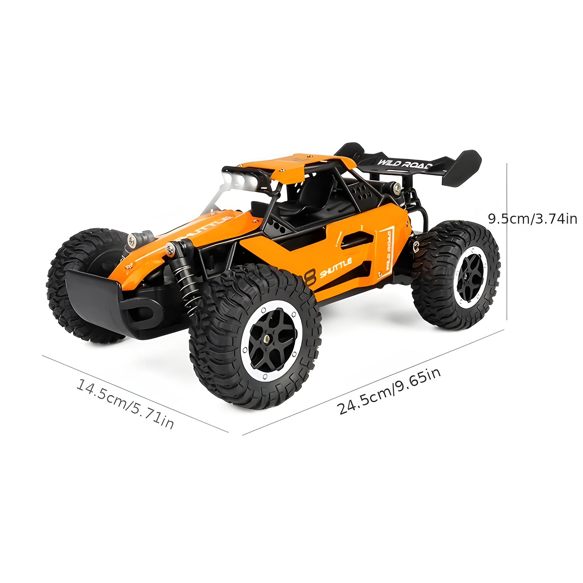 Orange 'Wild Road' remote control car with dimensions displayed. Toy car features rugged tires and rear spoiler.