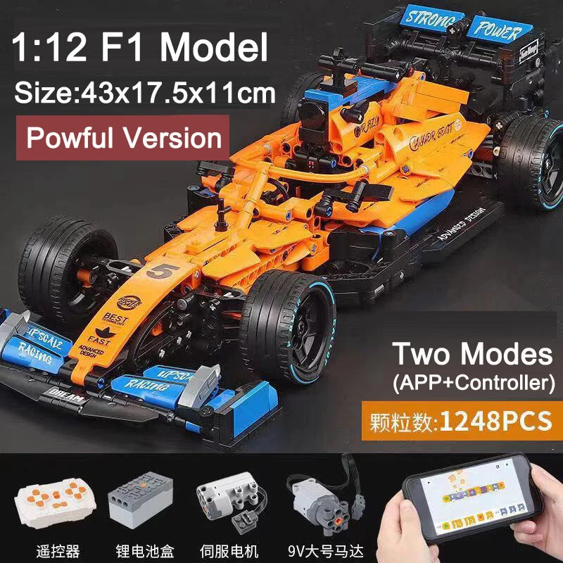 1:12 F1 Model building kit with orange and blue pieces, includes app and controller, 1248 pieces.