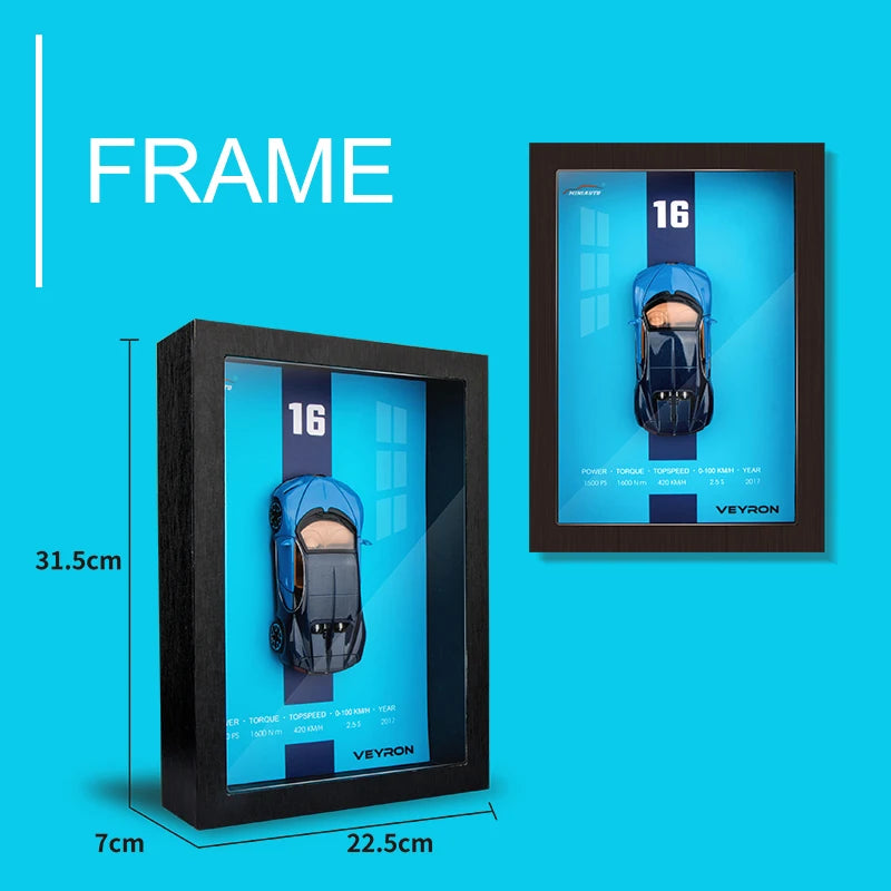 Framed Veyron model car. Blue and black toy car in shadow box frame with car specs. Automotive decor.