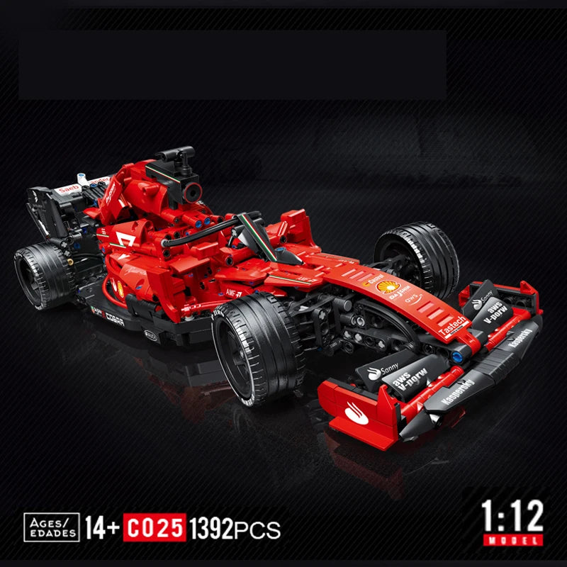 Red Formula 1 race car construction model kit, 1392 pieces, scale 1:12. Ages 14+.