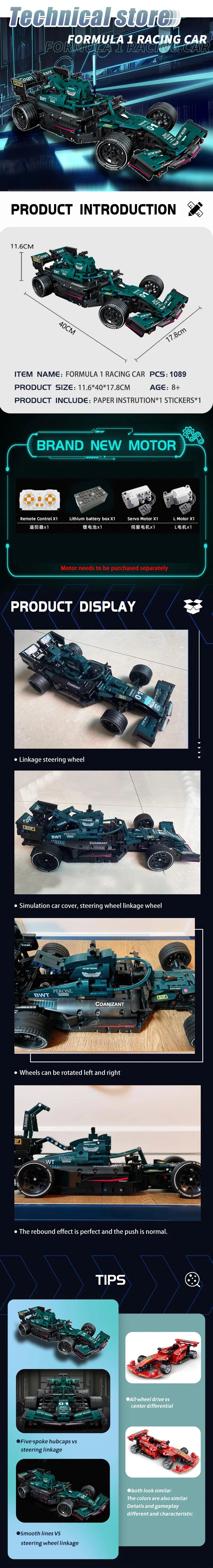 Formula 1 Racing Car model, 1089 pieces, 11.6x40x17.8cm. Features include linkage steering wheel, simulation car cover, rotatable wheels.