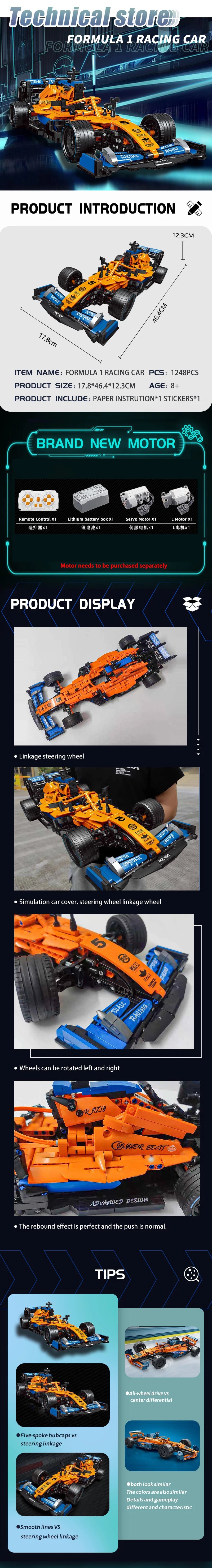 Formula 1 Racing Car technical store product details: dimensions, parts included, and features like steering wheel linkage.