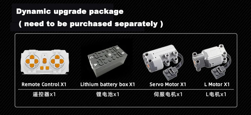 Dynamic upgrade package featuring a remote control, lithium battery box, servo motor, and L motor.