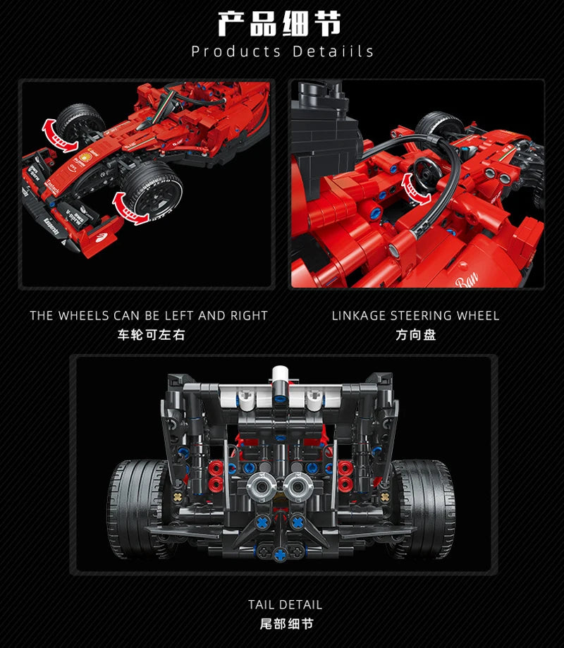 Details of a red race car model kit, featuring steerable wheels, linkage steering wheel, and tail details.