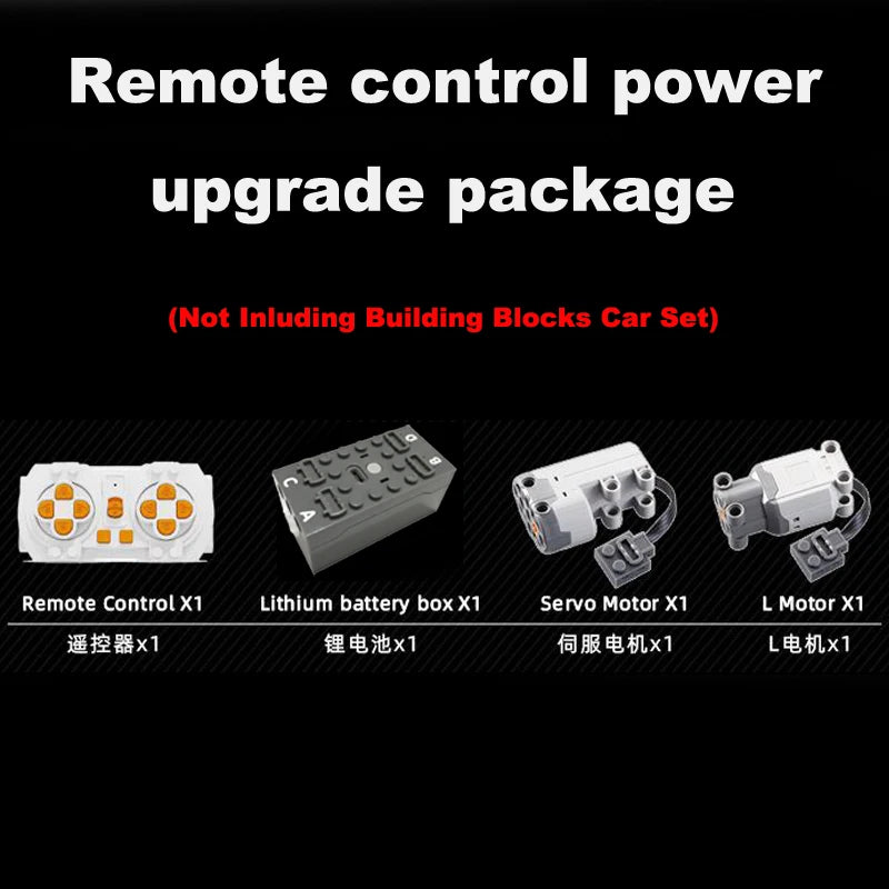 Remote control power upgrade package including remote control, lithium battery box, servo motor, and L motor.