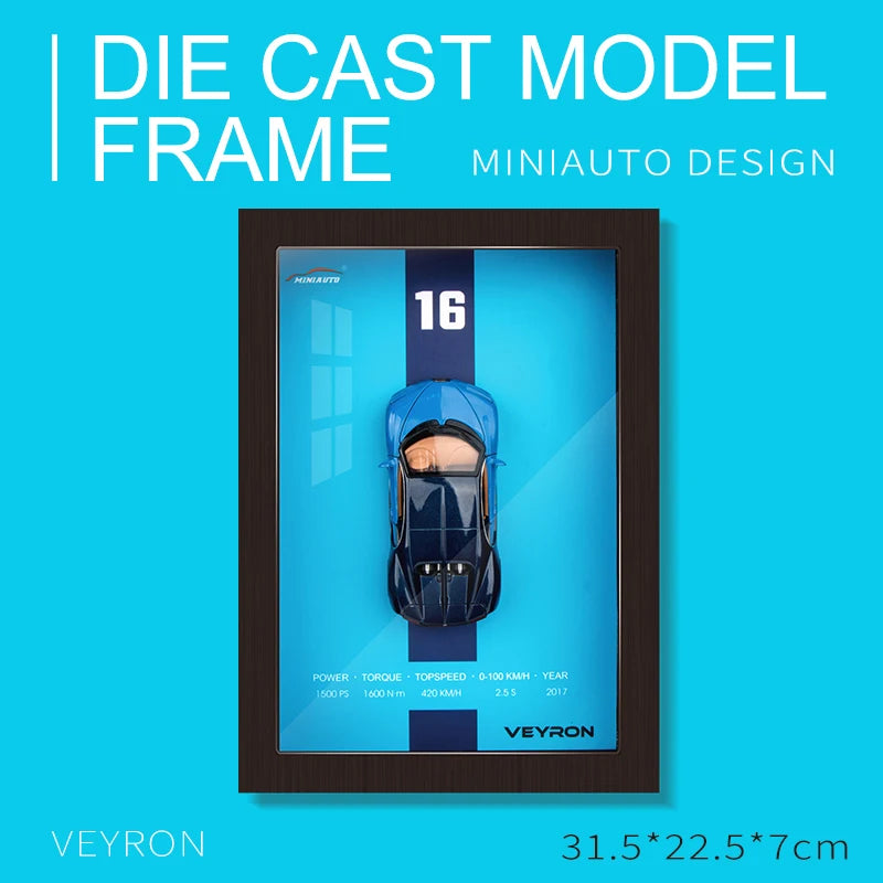Framed diecast Veyron model car with specs: 1500 PS, 1600 Nm, 420 km/h top speed, 2017 year.
