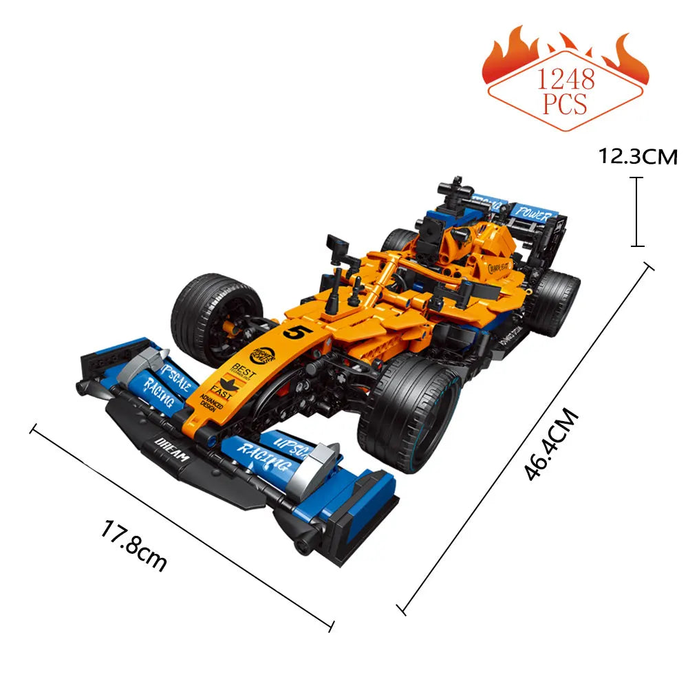 Orange and blue 1248-piece building block race car model with number 5, measuring 12.3cm high, 17.8cm wide, and 46.4cm long.