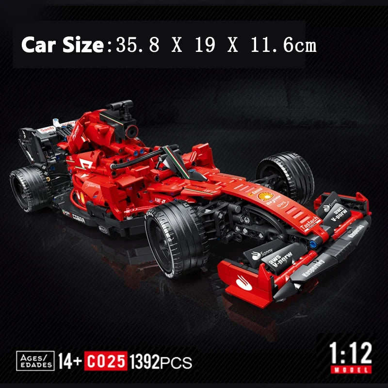Red Formula 1 race car model, a 1:12 scale replica building kit with 1392 pieces, designed for ages 14 and up.