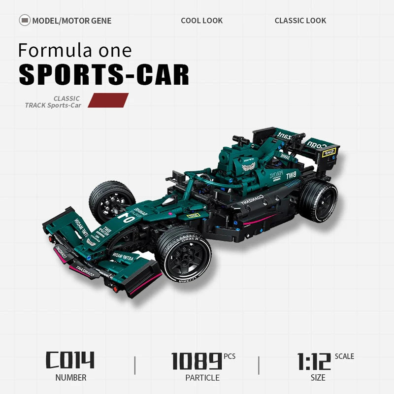 Green 1089-piece Formula One sports car model, 1:12 scale, featuring realistic details and black tires.