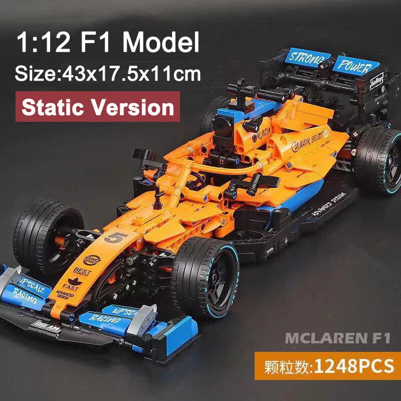 McLaren F1 1:12 scale model, orange and blue static display, 1248 pieces. A detailed building brick race car.