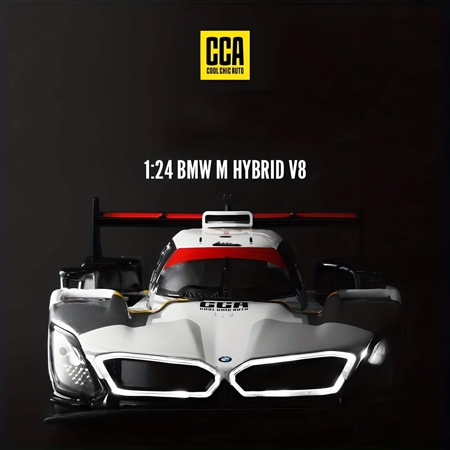 Front view of a 1:24 scale BMW M Hybrid V8 model car with white, black, and red accents. CCA logo visible.